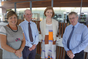 Cathy Reade with ACIAR members (L-R) Dr Bob Clements (ex-Director of ACIAR), Ms Sarah Vandermark, Communications Manager, and Dr Les Baxter, Research Program Manager for the Horticulture program