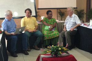Facilitator Toss Gascoigne leads discussion with the stakeholder panel of Kyle Stice, Manager of the Pacific Island Farmer' Organisation Network; Maria Linibi, President of the PNG Women in Agriculture Foundation and Denis Blight from the Crawford Fund