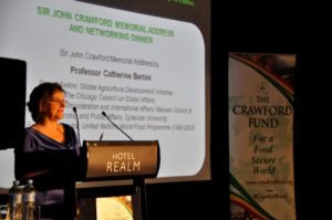 Catherine Bertini delivering the Sir John Crawford Memorial Address prior to the 2014 Crawford Fund Annual Conference
