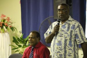 Dr Sergie Bang, Director of the National Agricultural Research Institute of PNG (NARI) (left) and the Honorable MP Kelly Naru, Governor of Morobe Province (right) at the PNG Women in Agriculture meeting held 19-22 October 2015, Lae, PNG.